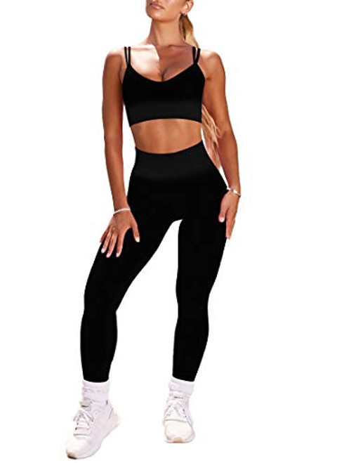 EUYZOU Womens 2 Piece Workout Sets - Seamless High Waisted Yoga Leggings and Sports Bra Gym Outfits - Black S