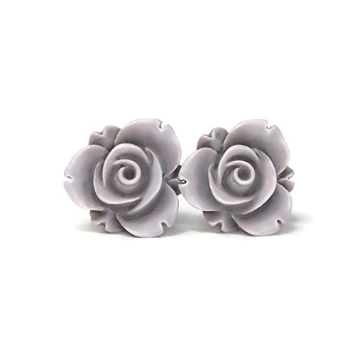 Plastic Post Rose Bud Earrings for Metal Sensitive Ears  13mm Matte Grey