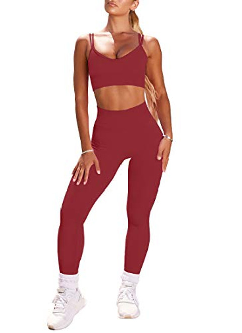 EUYZOU Womens 2 Piece Workout Sets - Seamless High Waisted Yoga Leggings and Sports Bra Gym Outfits - Red M