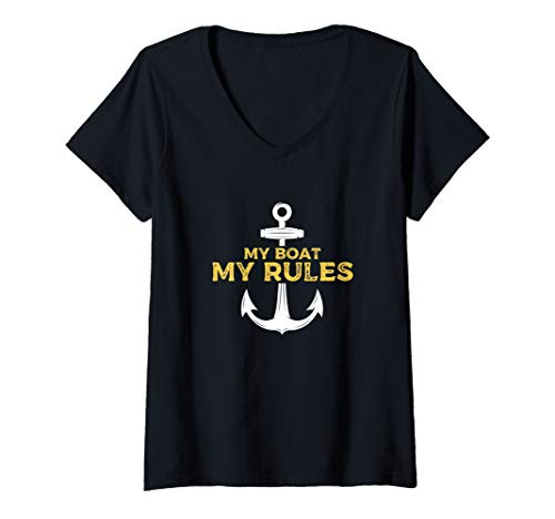 Womens My Boat My Rules  Funny Boat Pontoon Sailor Anchor Humor V-Neck T-Shirt