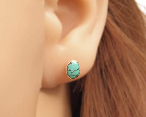 Sterling Silver Oval 8x6mm Reconstructed Turquoise Gemstone Stud Earrings  Handmade Classic Studs