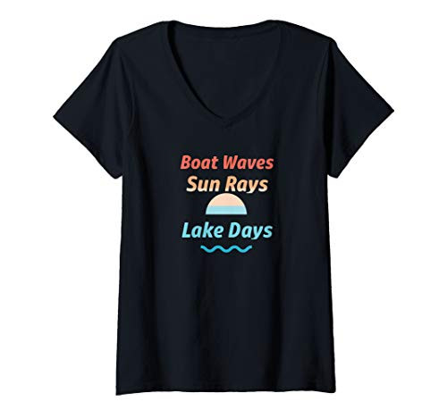 Womens Boat Waves Sun Rays Lake Days Retro Summer V-Neck T-Shirt