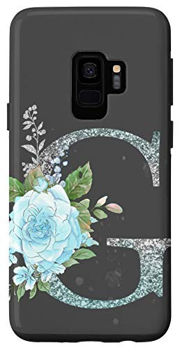 Galaxy S9 First Name Initial G Monogram Blue Rose Gray Background Case