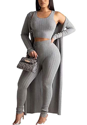 LKOUS Casual 3 Piece Outfits Set for Women Long Sleeve Open Front Cardigan Crop Top and Skinny High Waist Wide Leg Pants Clubwear