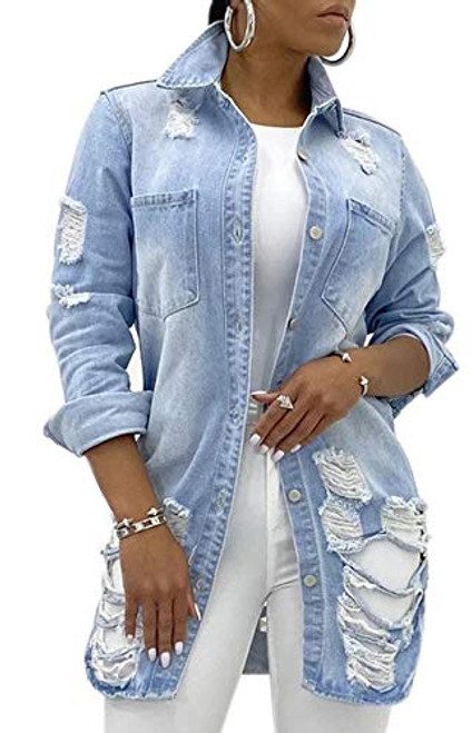 Womens Denim Jacket Long Sleeve Classic Distressed pocket Jeans Coat Denim Trucker Jackets