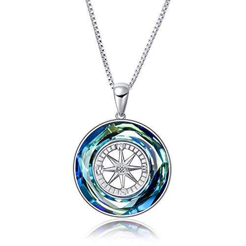 AOBOCO Compass Necklace Sterling Silver Circle Pendant Necklace with Swarovski Crystal Jewelry Gift for Women Men Girls