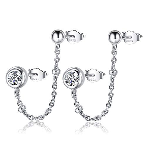 Chain Stud Earrings 925 Sterling Silver Tiny Ball Pierced Chain Earrings for Women CZ Chain Earrings