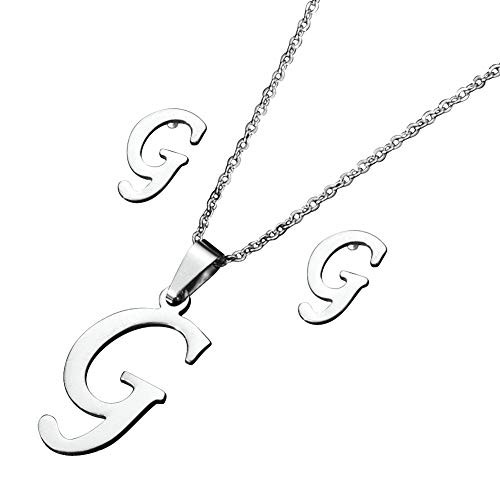 TGLS A to Z Initial G Necklace Earrings Set Monogram Capital Alphabet Silver Plated Letter Necklace Stainless Steel Personalized Name Letter Pendant f