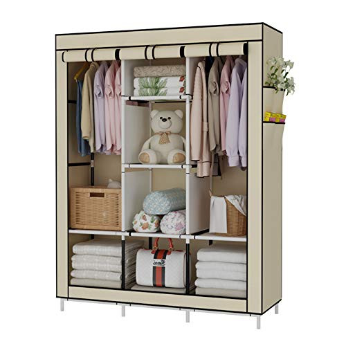 UDEAR Portable Wardrobe Closet Clothes Organizer Non-Woven Fabric Cover with 6 Storage Shelves  2 Hanging Sections and 4 Side Pockets?Beige