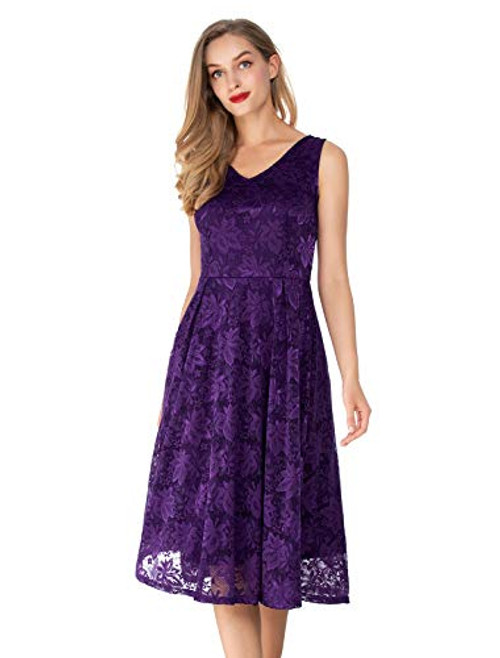 Noctflos Lace V Neck Fit and Flare Midi Cocktail Dress for Women Party Wedding Purple