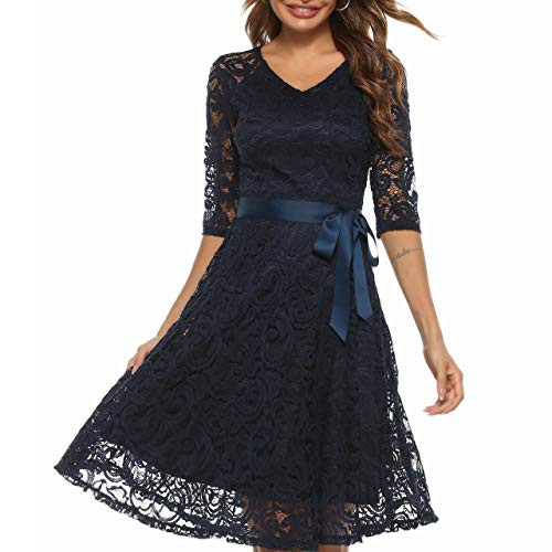 MODECRUSH Womens Party Dress Cocktail Dresses for Wedding Guest Bridesmaid Elegant Dress Floral Lace Formal Swing Dress for Special Occasion Navy