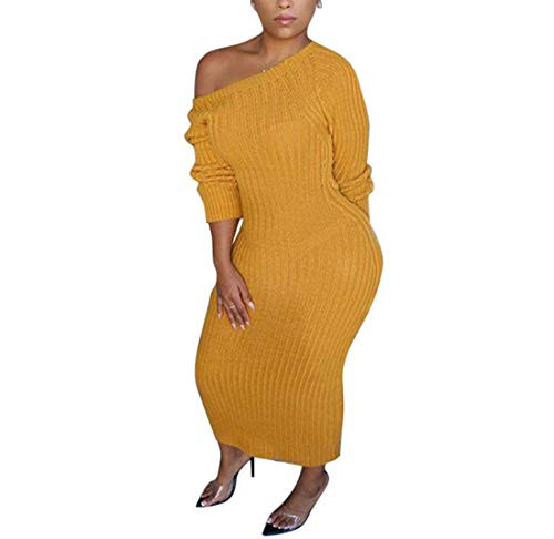 Remxi Women Casual Maxi Sweater Dress Long Sleeve Open Back Plain Solid Long Knit Dresses Yellow XXL