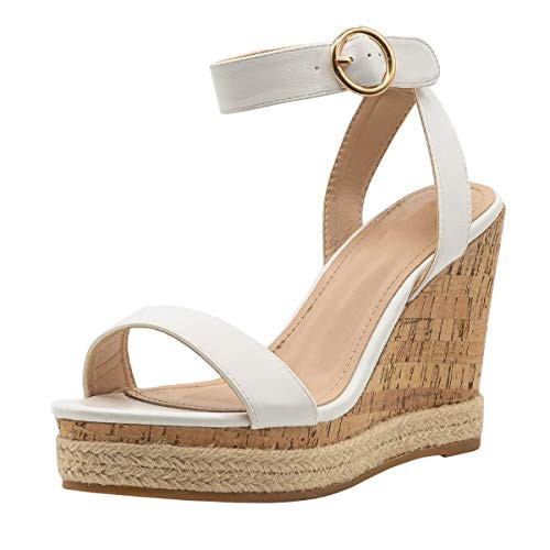 Nailyhome Womens Espadrille Wedge Sandals Ankle Strap Buckle Open Toe Platform Casual Slingback Shoes White