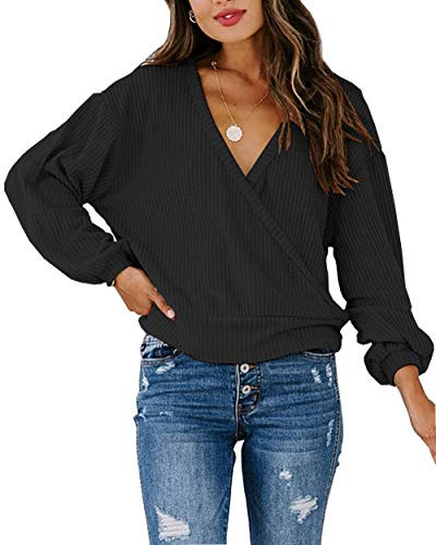 Yingqible Womens Long Sleeve Waffle Knit Tops Wrap Front Deep V Neck Sweaters Loose Fit Pullover Shirts Black