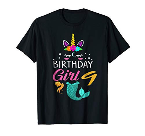 9th Birthday Girl Unicorn Shirt Mermaid Tail 9 Years Old Tee