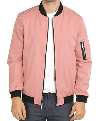 WULFUL Mens Casual Lightweight Jacket Softshell Flight Bomber Jacket Varsity Coat -Pink  Medium-