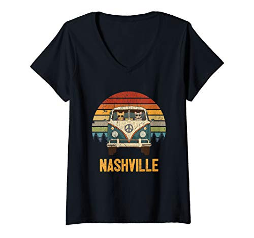 Womens Nashville Cool Cats Road Trip Groovy Retro Van Sunrise Gift V-Neck T-Shirt
