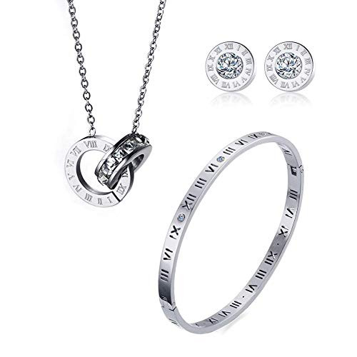 VNOX Stainless Steel Silver Roman Numeral Bangle Bracelet Necklace Stud Earrings Women Grils Jewelry Set