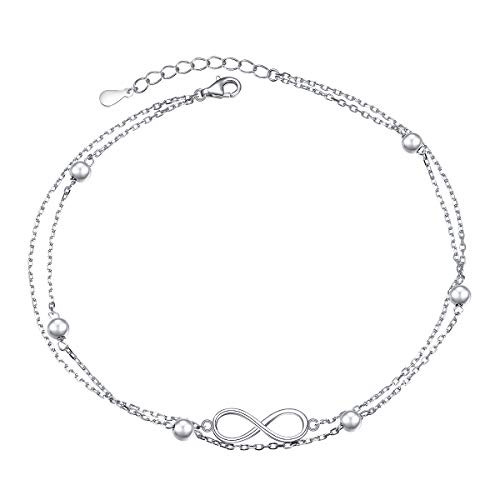 FLYOW Anklet for Women S925 Sterling Silver Adjustable Foot Beaded Infinity Ankle Bracelet Anklets 10 11 inches