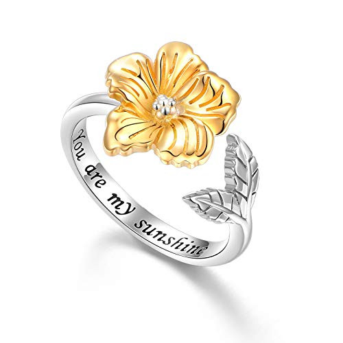 Alphm Hawaii Flower You are My Sunshine Ring for Women S925 Sterling Silver Adjustable Wrap Open Leaf Promise Ring 9 Alphm Hawaii Flower You are My Sunshine Ring for Women S925 Sterling Silver Adjustable Wrap Open Leaf Promise Ring 9