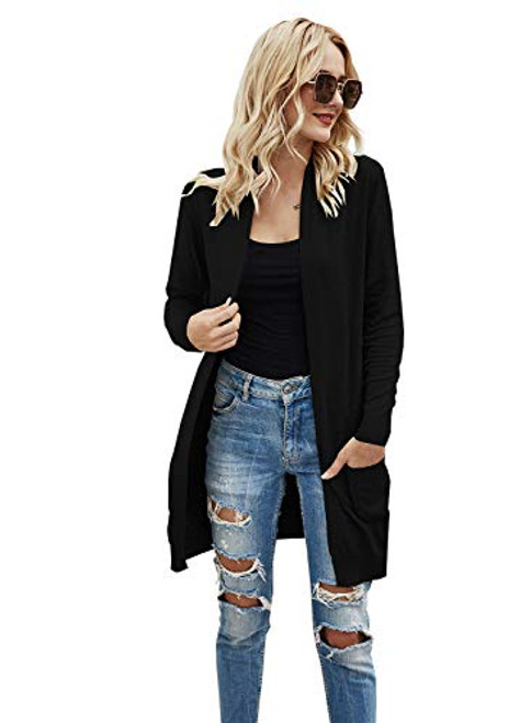 Womens Lightweight Sweaters Solid Cardigans Long Sleeve Knitwear Open Front Loose Colorblock Cardigan with Pockets Black