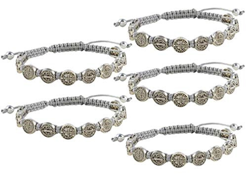 Saint St Benedict Grey Cord Adjustable Wrist Bracelet Silver Tone Medal 8 Inch Pack of 5 Pulsera De San Benito Saint St Benedict Grey Cord Adjustable Wrist Bracelet Silver Tone Medal 8 Inch Pack of 5 Pulsera De San Benito