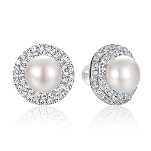 PEARLOVE Womens 14MM Large Pearl Earrings for Women 925 Sterling Silver Pearl Button Stud Earrings for Wedding Best Gift for Women