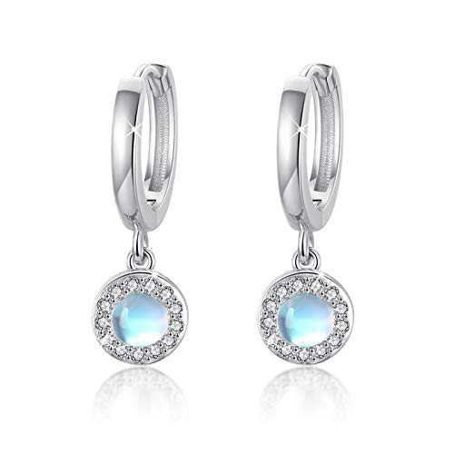 Moonstone Hoop Earrings for Women Sterling Silver Round Rainbow Moonstone Dangle Drop with Shiny CZ Small Hoop Earrings Huggie Moonstone Gifts