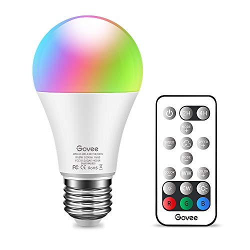 Govee RGB Color Changing Light Bulb  Dimmable 65W Equivalent LED Light Bulbs with Remote  10W A19 E26 Screw Base Multicolor Decor Mood Light for Bedro