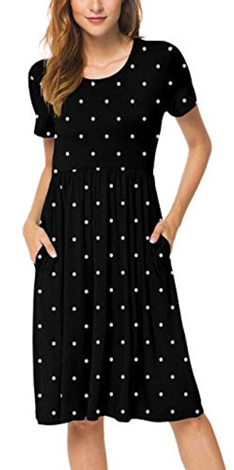 YUNDAI Women Short Sleeve Pleated Polka Dot Pocket Loose Swing Casual Midi Dress Large  Black YUNDAI Women Short Sleeve Pleated Polka Dot Pocket Loose Swing Casual Midi Dress Large  Black