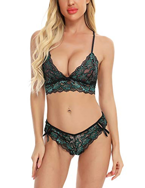Womens Lace Lingerie 2 Piece Sexy Bra and Panty Sets Strappy Babydoll Bodysuit Black Green