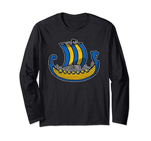 Sweden Viking Ship Swedish Flag Dragon Boat Distressed Long Sleeve T-Shirt