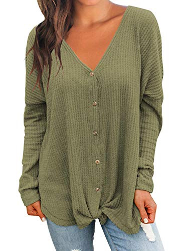 MIHOLL Womens Loose Blouse Long Sleeve V Neck Button Down T Shirts Tie Front Knot Casual Tops -Medium  1a- Army Green -Long Sleeve--
