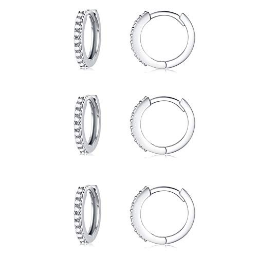 Silver Hoop Earrings for Women  3 Pairs 8mm Small Sterling Silver Huggie Earrings - Tiny Cubic Zirconia Cartilage Cuff Earrings Hoop Piercing Jeweller