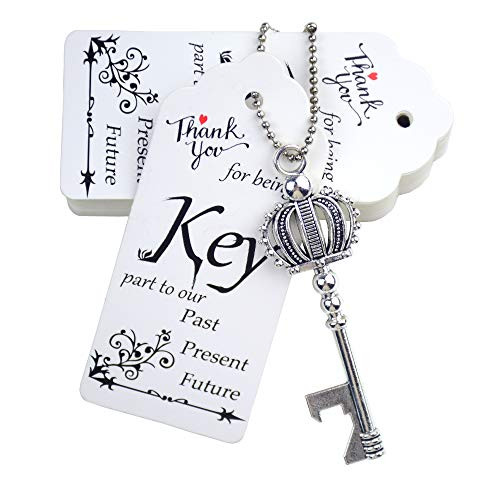 Aokbean 52 pcs Crown Key Bottle Opener with Tag and Keychain Vintage Skeleton Key Bottle Opener for Wedding Party Favors -Antique Silver-