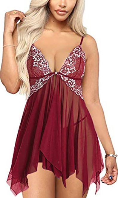 Womens Lingerie Front Closure Lace Babydoll Chemise V Neck Open Front Mesh Sleepwear -Large Winered- Womens Lingerie Front Closure Lace Babydoll Chemise V Neck Open Front Mesh Sleepwear -Large Winered-