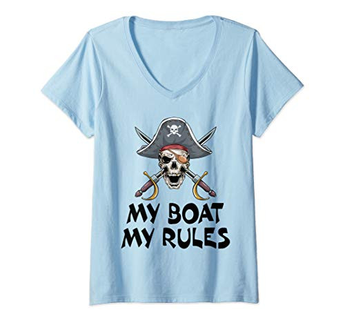 Womens My Boat My Rules Pirate Novelty Halloween V-Neck T-Shirt