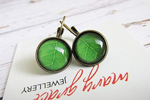 Green Leaf Glass Dome Lever Back Earrings on Brass  Nature Inspired Jewellery for Women  Small Everyday Wear Earrings Green Leaf Glass Dome Lever Back Earrings on Brass  Nature Inspired Jewellery for Women  Small Everyday Wear Earrings