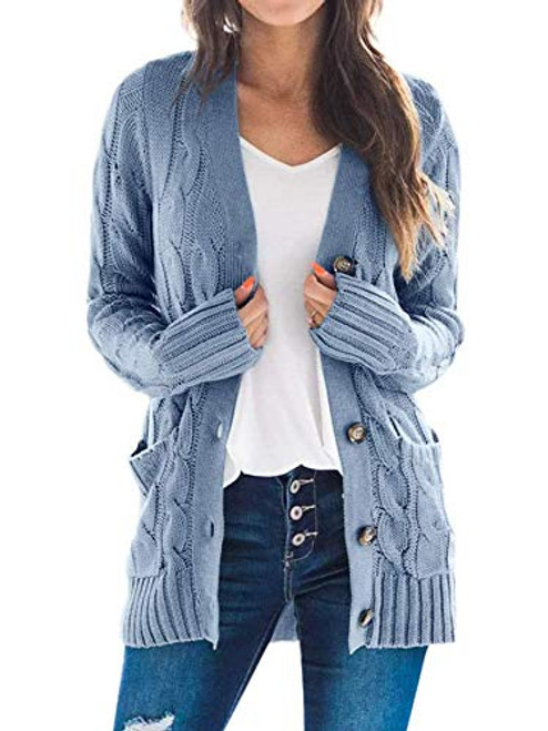 Womens Cardigans Sweaters Cable Knit Long Sleeve Open Front Button Down Chunky Outwear Coat with Pockets Blue