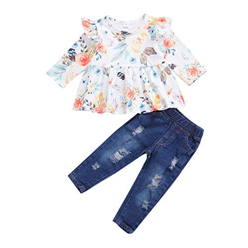 Toddler Baby Girl Ripped Jeans Outfit Ruffle Floral Long Sleeve T-Shirt Tops-Denim Pants 2PCS Fall Clothes Set -Orange Flower 2-3 T- Toddler Baby Girl Ripped Jeans Outfit Ruffle Floral Long Sleeve T-Shirt Tops-Denim Pants 2PCS Fall Clothes Set -Orange Flower 2-3 T-
