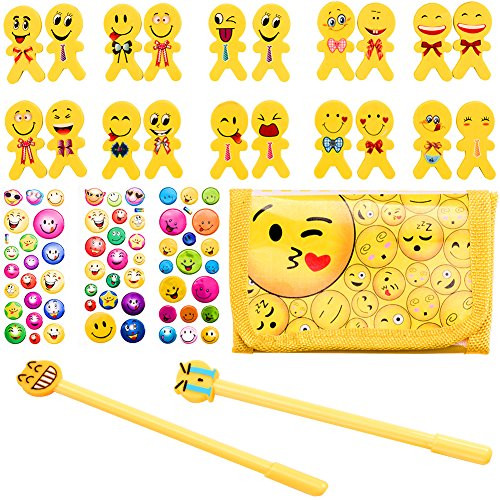 26Pack Emoji Party Favors, Emoji Pencil Erasers Stickers Party Supplies for Birthday, School Classroom Prizes, Giveaway, Toys Gifts, Goodie Bags (Random Color Pencil Case)