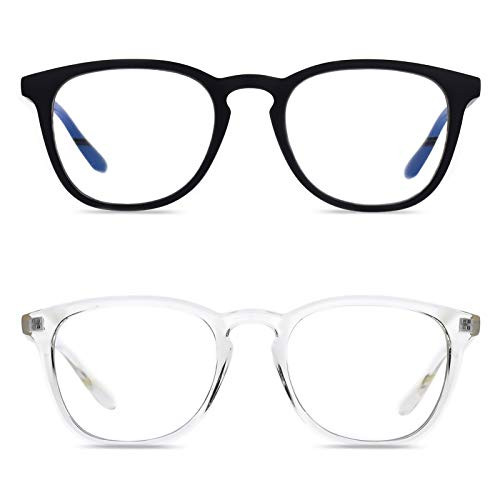 JEERO 2-Pack Blue Light Blocking Glasses Retro Round Anti Eyestrain UV Glare Phone-TV-Computer Reading Glasses for Women-Men -Black-Crystal-