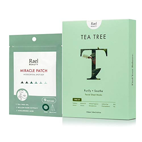 Rael Microneedle Acne Healing Patch -14mm  9 Count- and Rael Bamboo Facial Sheet Mask -Tea Tree  5 Count-