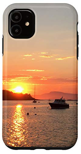 iPhone 11 Sunset In Maine Harbor With Mountain and Boats Case