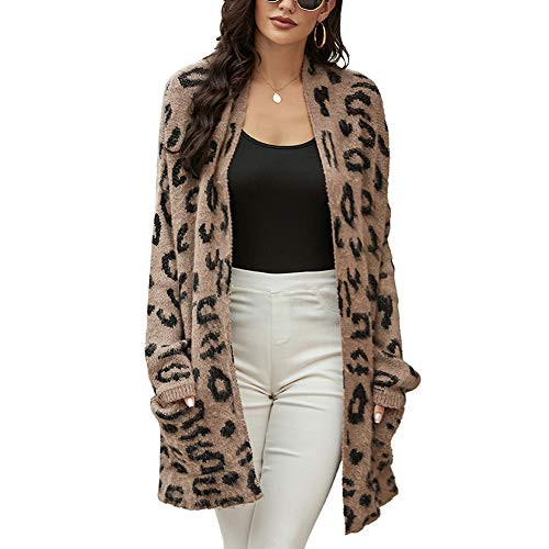 Antopmen Women Open Front Long Sleeve Leopard Cardigan Knitting Loose Winter Warm Fuzzy Sweater Coat with Pockets-Medium  Khaki-