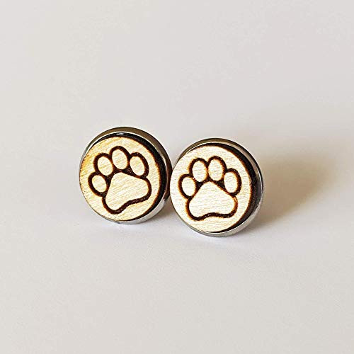 Dog Paw earrings - Paw Print Stud Earrings - Dog Lovers Wood Jewelry in Silver