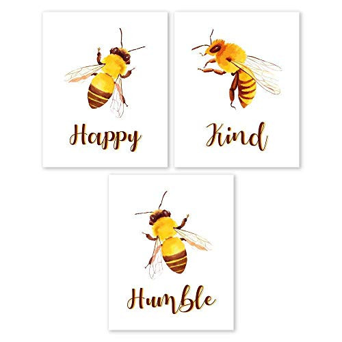 Honeybee Wall Art Prints - Unframed 8x10 - Inspirational Posters with Quotes Happy Kind Humble for Children Bedroom - Artwork Decorations for Playroom