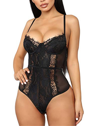 RSLOVE Womens Sexy Eyelash Lace Bodysuit Snap Crotch Teddy Lingerie Black XXL