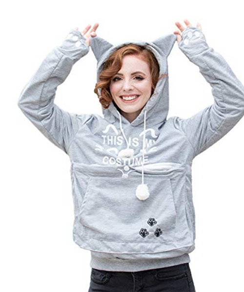 Unisex Hoodies Pet Holder Cat Dog Kangaroo Pouch Carries Pullover with Cat Printing Sweatshirt -Light Grey-Cat Letter Print  S-