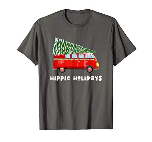 Hippie Holidays Christmas Hippie Van Camper RV Hauling Trees T-Shirt